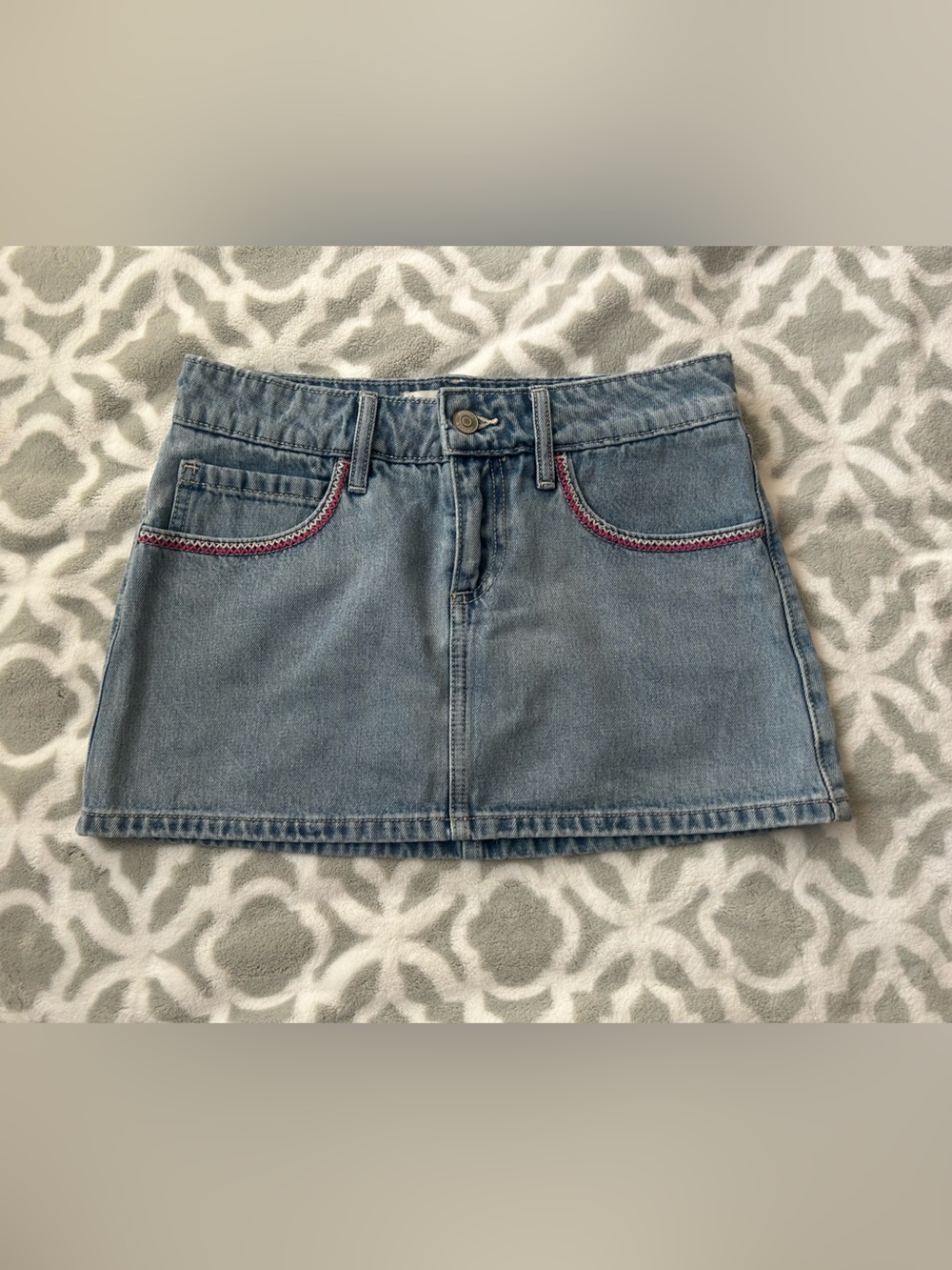 Hollister Light Blue Denim Mini Skort with Pink Accent Stitching